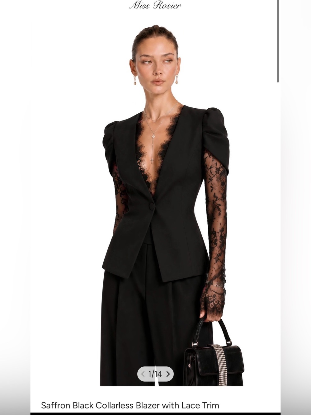 Miss Rosier Black Collarlеss Blazer with Lace Trim